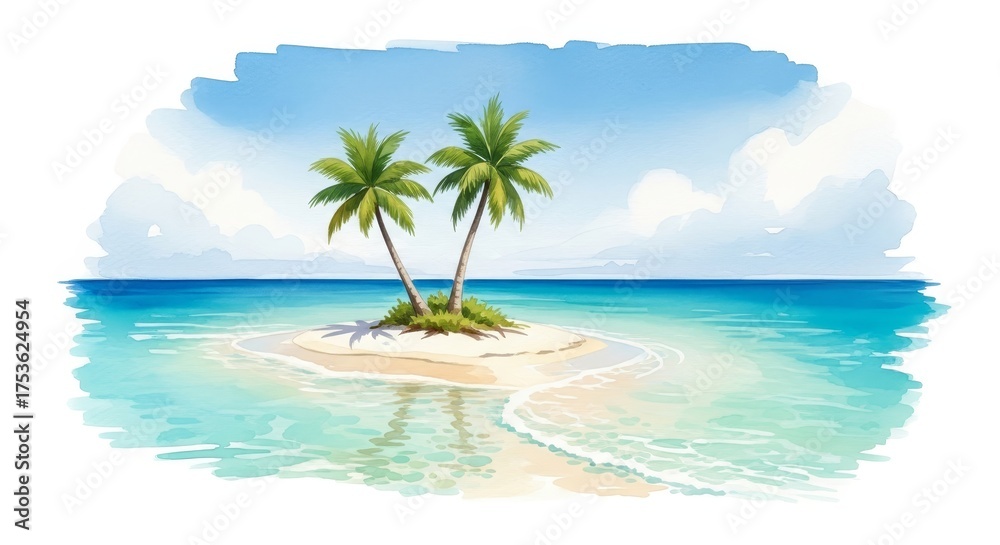 Fototapeta premium Tranquil Island Paradise: Two Palm Trees on a Sandy Isle - A serene tropical beach scene featuring a sandbar with two palm trees. Symbolizes peace, escape, relaxation, and natural beauty.