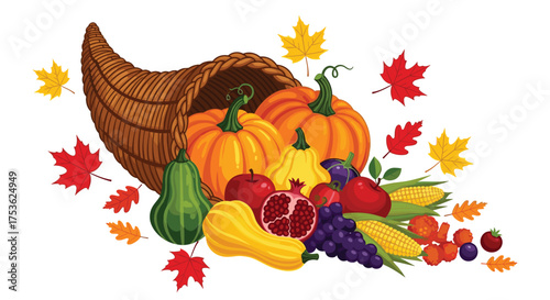 Festive Thanksgiving cornucopia overflowing with autumn harvest delights featuring pumpkins, apples, grapes, and vibrant fall foliage on white backdrop