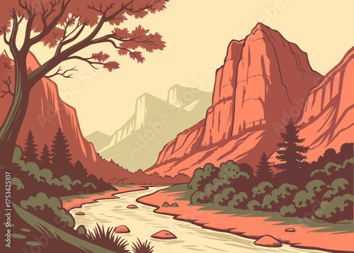 Zion National Park vector art in minimal landscape composition

