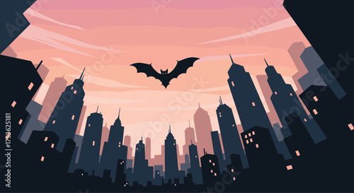 Eerie bat flying over a shadowy cityscape at dusk, a modern take on classic Halloween themes and mysterious urban legends for a spooky season campaign