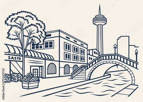 San Antonio Riverwalk vector in minimal travel design
