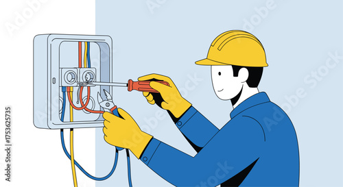 Professional electrician safely repairs electrical wiring with a smile, ensuring power and safety in residential or commercial settings