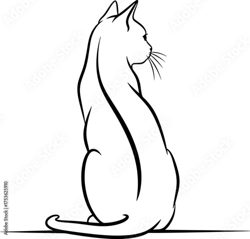 Graceful cat silhouette sitting looking away hand-drawn sketch style