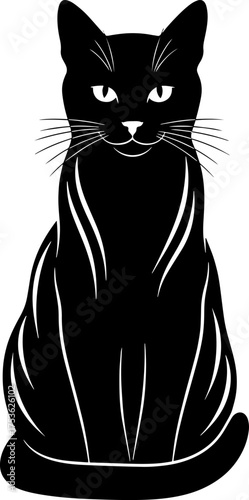 Striking black cat sitting gracefully with white whiskers and green eyes detailed