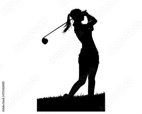a silhouette of a woman playing golf, viewed from behindball, club, girl, golf, golf club, golf course, golfer, play, profile, swing, swinge, tee, woman 