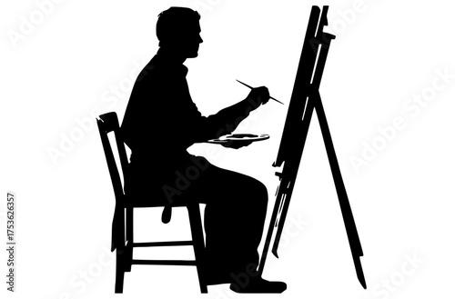 a silhouette of a man sitting at an easel, painting with a plate of foodartist, black, brush, canvas, chair, draw, drawing, easel, man, paint brush, palette, pencil, picture, profile, sit, stool 