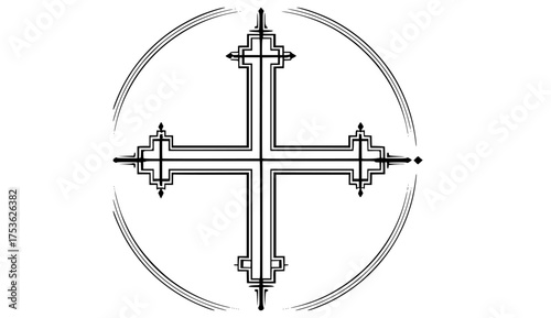 a stylized cross in an oval shape with decorative elementscircle, cross, illustration, line, logo, symbol 