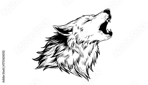 a black and white drawing of a roaring wolf headanimal, black, head, illustration, image, logo, open, profile, white, wolf 