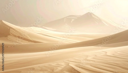 Fototapeta Naklejka Na Ścianę i Meble -  A sweeping, sun-drenched desert landscape with undulating sand dunes in the foreground and a distant mountain range. The sky is hazy