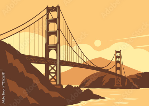 Golden Gate Bridge minimalist vector art in sunset orange tones, modern California travel illustration
