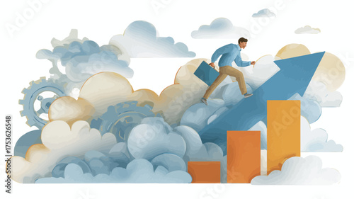 Ambitious businessman running up an ascending arrow on a bar graph, symbolizing career progression, business growth, success, and achievement.