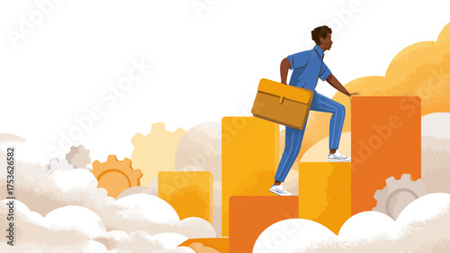 Person climbing career steps with a briefcase, a modern illustration of business growth, progress, ambition, success, and achievement.