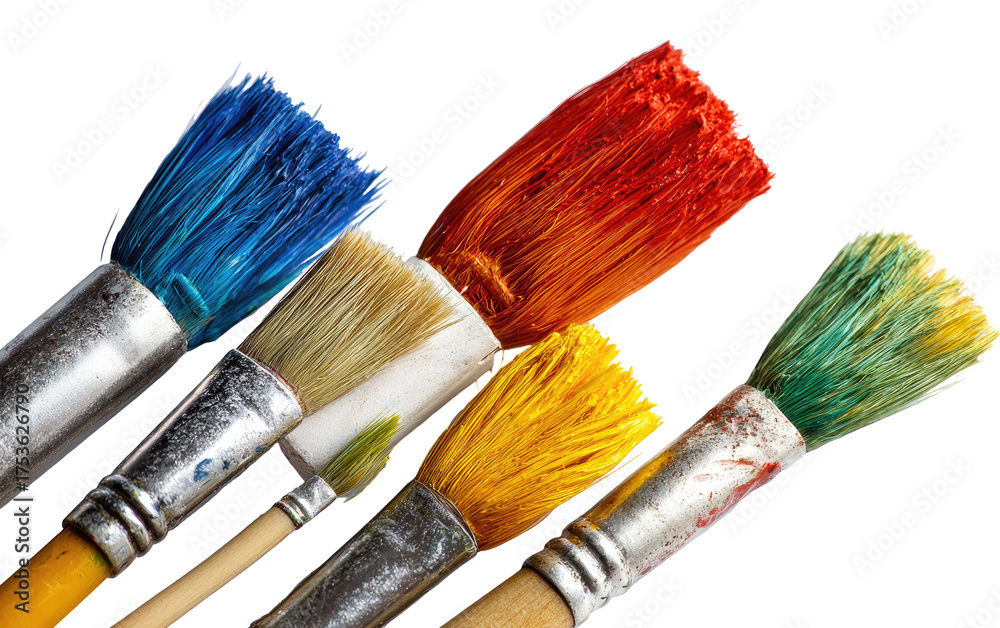 Fototapeta premium Close-up of colorful paintbrushes with vibrant hues. The bristles are coated in red, blue, yellow, and green paint, arranged in an angled cluster against a black background. 