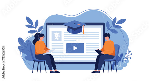 Engaging online learning experience with students watching educational videos and taking notes, perfect for schools and distance education programs