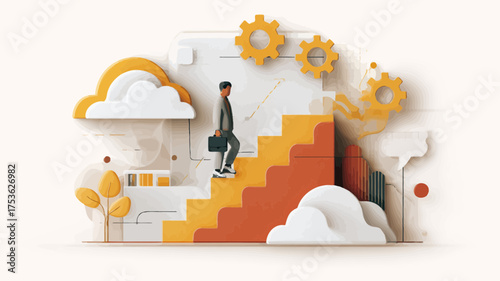 Ambitious professional climbing career stairs with gears, symbolizing business growth, personal development, success, and strategic progress