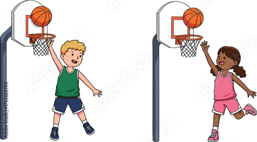 Children playing basketball with dynamic shots, energetic vector illustration of kids dunking and shooting hoops in sporty outdoor activity