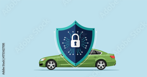 Protect your car with advanced cyber security features, showcasing a modern green vehicle with a digital shield for automotive data safety