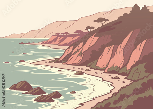 Malibu coastal cliffs vector in warm pastel tone, modern design
