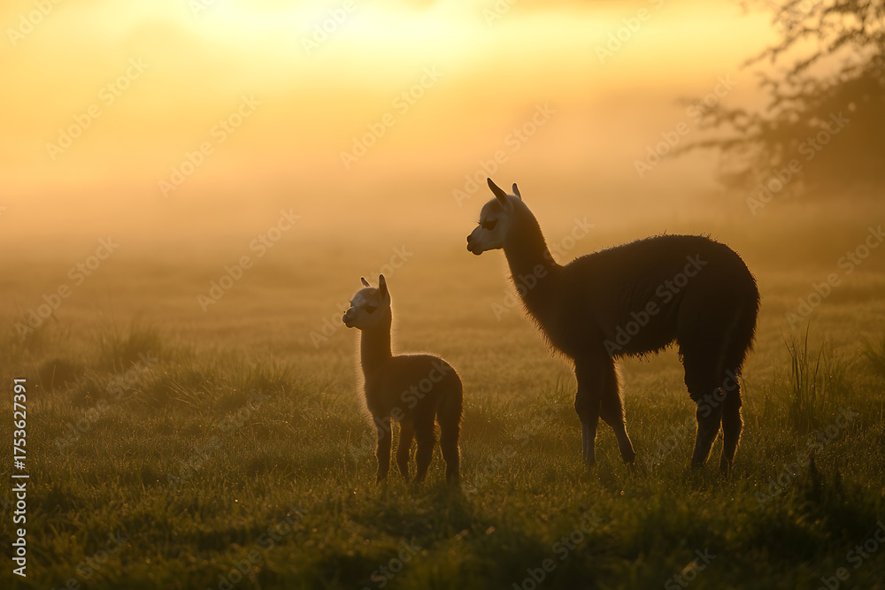 Fototapeta premium Alpaca Family in Golden Light: A serene moment in the meadow as a mother alpaca and her young offspring stand bathed in the warm glow of sunrise.
