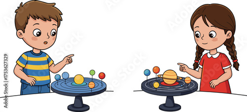 Children learning about solar system with colorful planet models, educational space activity for kids, astronomy classroom vector illustration concept