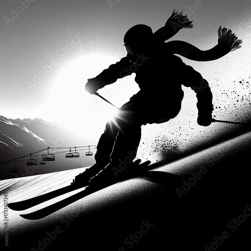 silhouette of a man on a mountain, silhouette of a man standing on a mountain, silhouette of a man standing on a mountain top, skiing in the mountains, skier on a snowboard, skiing on the mountain