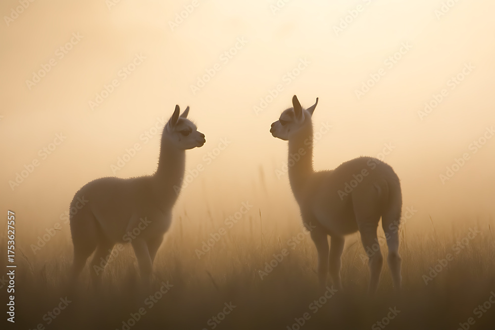 Fototapeta premium Two alpacas in a misty field at sunrise. Soft light filters through the fog, creating a serene and ethereal atmosphere. Natural beauty at its finest.