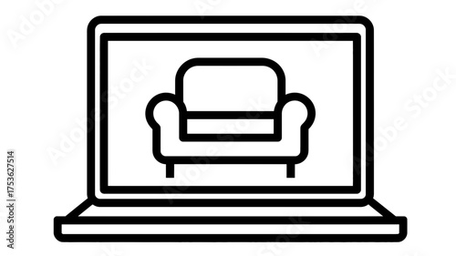 Online Furniture Shopping Icon. Laptop displaying an armchair, symbolizing e-commerce, digital home decor, and virtual interior design.