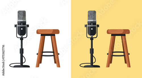 Podcast studio setup featuring a vintage microphone and rustic wooden stool, perfect for creative projects, audio production, and engaging media content