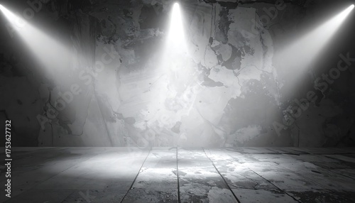 A stark grayscale studio scene. Three bright spotlights illuminate a textured wall and wooden floor. Shadow play creates depth