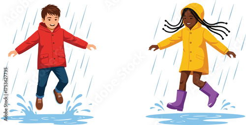 Happy kids jumping in rainy puddles wearing colorful raincoats and boots, playful childhood fun in wet weather illustration