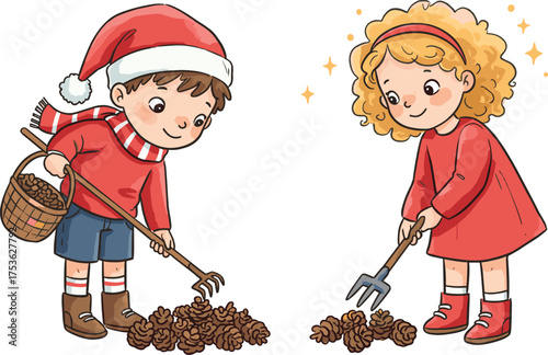Children collecting pinecones, Christmas holiday activity, festive teamwork illustration, Santa hat boy, red dress girl, seasonal vector art, winter celebration design