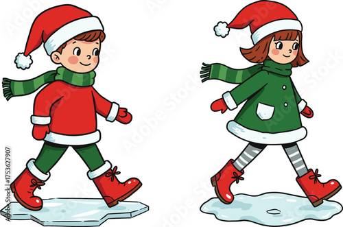 Children walking on snow, festive winter clothing, Christmas holiday kids, Santa hat illustration, cheerful seasonal vector art, outdoor ice activity design
