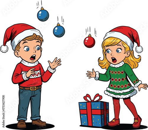 Christmas children illustration, cartoon kids, Santa hats, holiday clothing, falling ornaments, festive gift box, seasonal celebration, winter holiday, family tradition, surprise moment