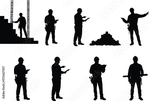 Construction worker silhouettes, hard hat safety, site inspection, blueprint reading, project management, industrial teamwork, engineering supervision, building site coordination, labor tasks