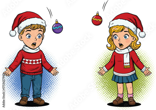 Christmas children illustration, festive holiday kids, Santa hat boy girl, surprised expressions, floating ornaments, winter celebration, seasonal design, vector art