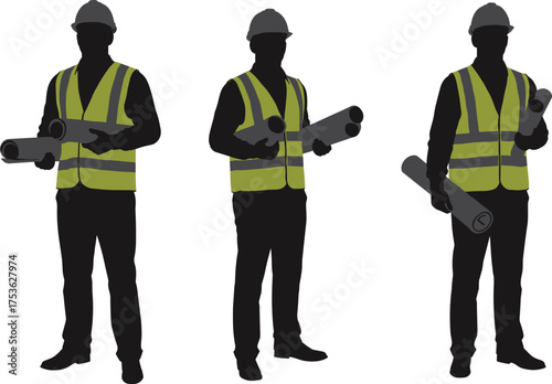 Construction workers silhouettes, blueprint planning, safety vests, hard hats, teamwork discussion, site inspection, engineering supervision, industrial labor, building site coordination