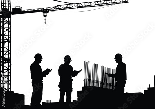 Construction workers silhouettes, crane background, blueprint planning, site inspection, teamwork discussion, safety helmets, engineering supervision, industrial labor, building site coordination