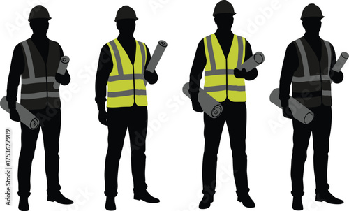 Construction workers silhouettes, safety vests, blueprint planning, teamwork discussion, hard hats, site inspection, engineering supervision, industrial labor, building site coordination