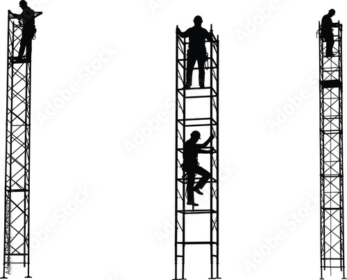 Telecommunication tower workers, climbing safety, industrial maintenance, high altitude job, construction silhouettes, engineering inspection, communication structure repair, dangerous work