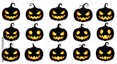 Spooky halloween jack-o-lantern faces collection diverse scary expressions glowing orange light festive autumn holiday icons set isolated on white background