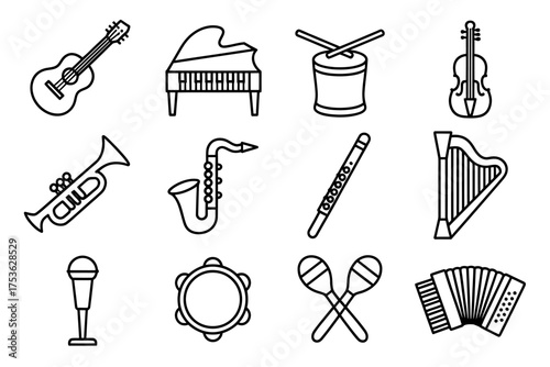 Black and white line art illustration showcasing a diverse collection of musical instruments on a plain background music concept