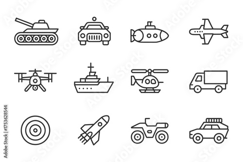 Collection of Transportation Vehicle Icons in Simple Outline Style Featuring Tank Police Car Submarine and More