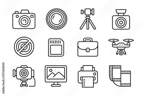 Photography and Videography Line Icons Collection of Camera Lens Tripod Drone and Accessories Equipment for Creative Projects