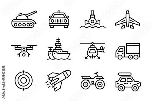 Diverse Transportation Icons Set Featuring Military Vehicles and Civilian Transport in Line Art Style