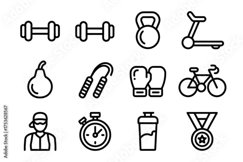 Fitness and Exercise Icon Set featuring Dumbbells Kettlebell Treadmill and More for a Healthy Lifestyle