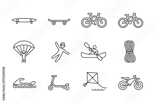 Outdoor activities outline icons featuring sports equipment and adventure elements for graphic design and visual communication projects