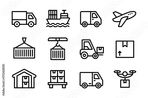 Logistics and Transportation Outline Icons Set Depicting Global Supply Chain and Shipping Solutions for Businesses and Ecommerce Operations
