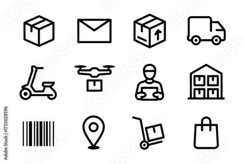 Delivery and logistics services vector icons set with various transportation methods and warehouse facility for efficient global distribution