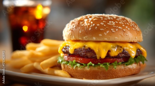 Classic American cheeseburger with fries and soda