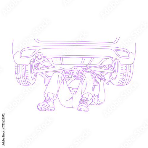 Line art illustration of a mechanic lying under a car
